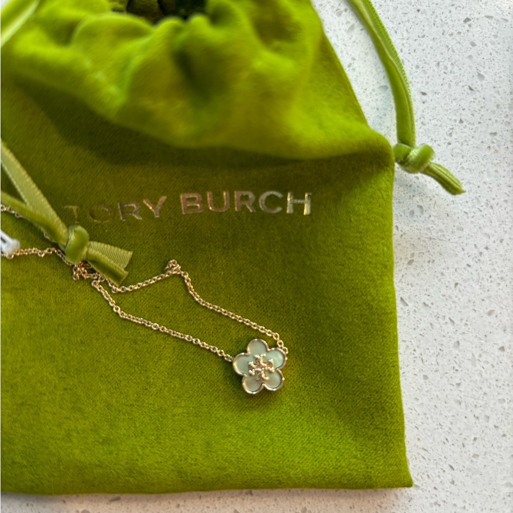Tory Burch Gold and Blue Flower Pendant Necklace